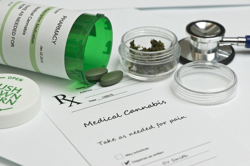 Medical,Marijuana,Prescription,With,Bottle,And,Stethoscope.